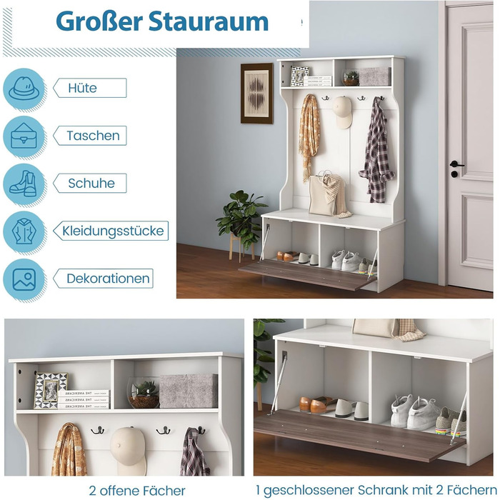 Вішалка для одягу COSTWAY з лавкою та 5 подвійними гачками, вішалка для одягу з відкритими відділеннями та тумбою для взуття, пере