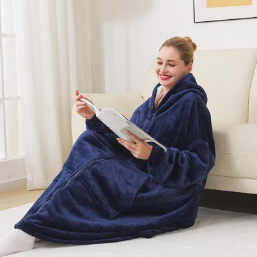 Ковдра з капюшоном на блискавці, жіноча, щільна, з рукавами, великий щільний светр, жіноча, чоловіча, портативна, з капюшоном, синя
