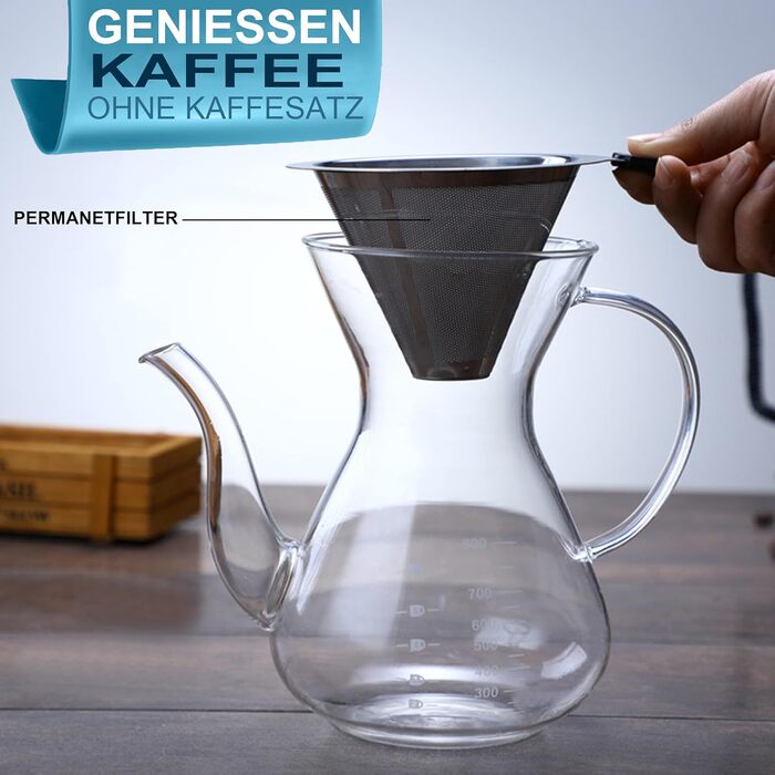 Кавоварка Pauzema 800 мл, кавоварка з постійним фільтром 6-8 чашок з ручкою Графин для кави Боросилікатне скло Термостійке