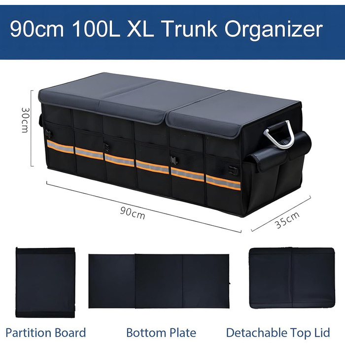 Органайзер для багажника XXL, складаний 90 см, велика автомобільна сумка для зберігання речей з посиленими алюмінієвими ручками, нековзним дном та численними кишенями ідеально підходить для автомобілів, позашляховиків та пікапів