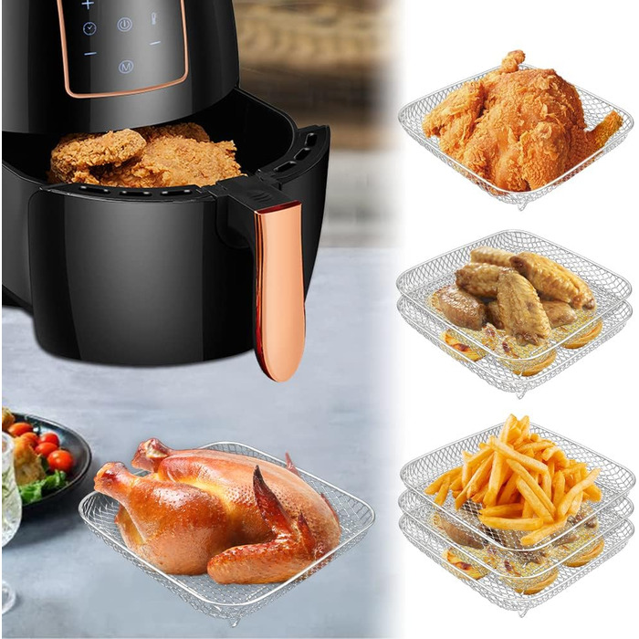 Стійки для аерофритюрниці, лоток для кошика аерофритюрниці з нержавіючої сталі 3-шарові штабельовані стійки-дегідратори для випічки у фритюрниці (квадратні), 3