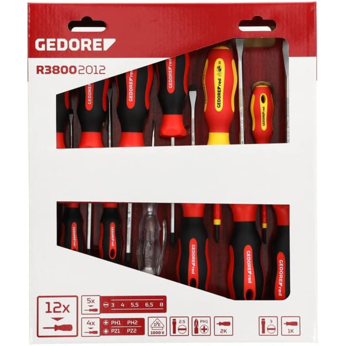 Набір викруток GEDORE red 12 предметів (VDE), плоскі та хрестоподібні, з індикатором напруги, інструмент R38002012