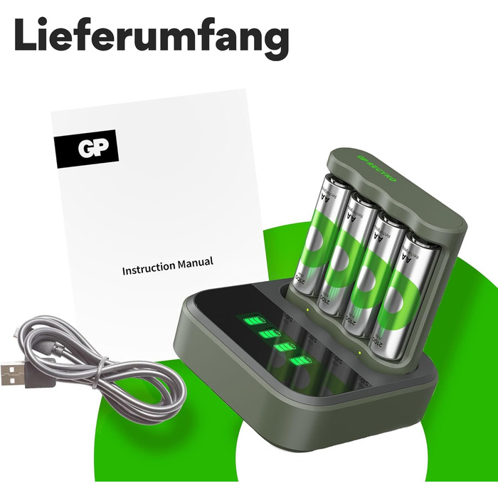 Зарядний пристрій GP ReCyko USB B441, включаючи 4 батареї ReCyko AA 2100 мАг та USB-док-станцію, зарядний пристрій для батарей AA AAA зі світлодіодними індикаторами