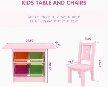 Дитячий стіл та стільці - Дитячі столи з масиву дерева рожевого кольору - Стіл з 4 коробками для зберігання, Дитячий стіл у формі зірки з 2 стільцями - Екологічно чистий