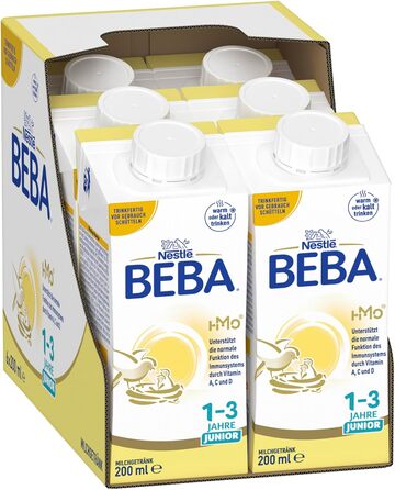 Готовий до вживання молочний напій BEBA Junior 1-3 роки, дитяче харчування з HMO 2&39-FL, без пальмової олії, 6 шт. (6 x 200 мл)