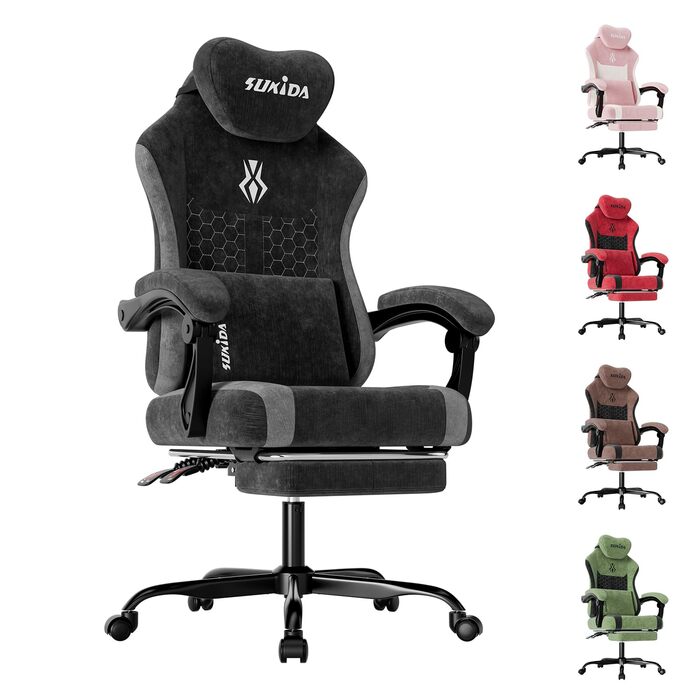 Ігрове крісло SUKIDA, ергономічне робоче крісло з підставкою для ніг, підголівником та поперековою подушкою, робоче крісло з високоякісною тканинною поверхнею - чорне