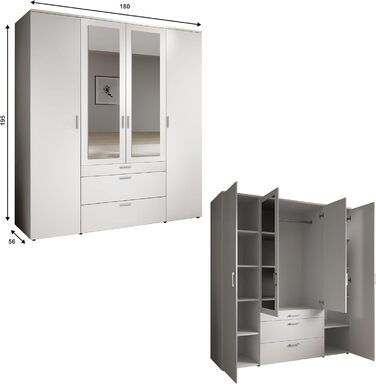 Шафа з дзеркальними дверима білого кольору - Універсальна 4-дверна шафа для вашої спальні - 180 x 195 x 56 см (Ш/В/Г) 4-дверна біла