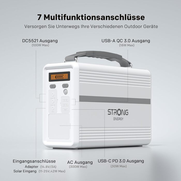 Портативна електростанція STRONG P300, акумулятор LiFePO4 ємністю 307,2 Втгод, сонячний генератор 300 Вт, технологія MPPT, захист BMS, QC3.0 та PD 30 Вт, ідеально підходить для кемпінгу, подорожей та надзвичайних ситуацій на свіжому повітрі. P300 307,2 Вт