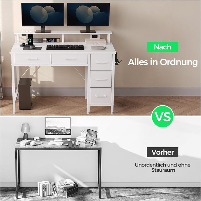 Комп&39ютерний стіл Seventable з розетками та світлодіодним освітленням, ігровий стіл 100 см з 5 шухлядами, ігровий стіл з підставкою для монітора, для офісу, кабінету, спальні, вітальні, білий 100 см