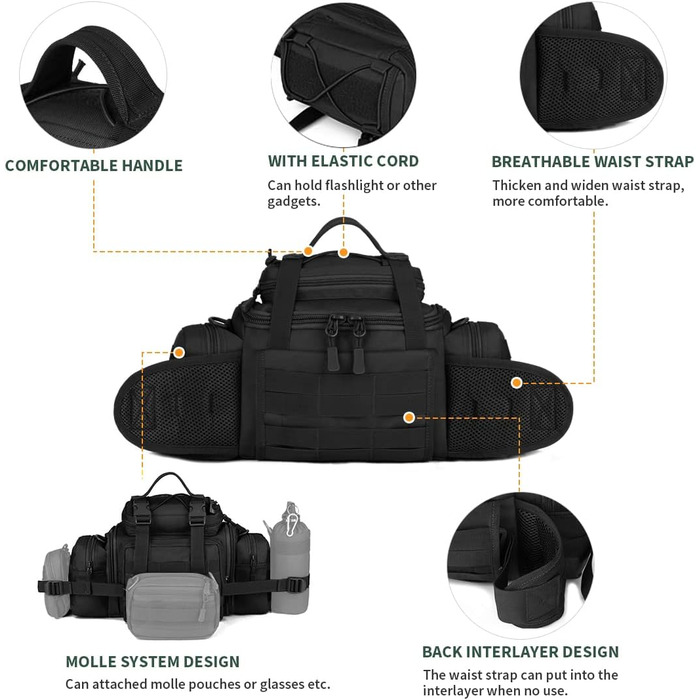 Багатофункціональна поясна сумка Bumbag Military for Sport Outdoor Running Camping Hiking Trekking Black 40*25*18cm, 3Way Belt Bag Waterproof Fanny Pack Tactical Crossbody