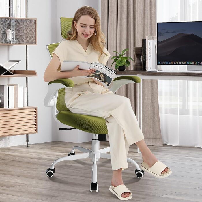 Офісне крісло COLAMY Mesh, комп&39ютерне крісло з регульованим підголівником та поперековою опорою, ергономічне робоче крісло з відкидними підлокітниками, функція нахилу 140, зелений класичний колір