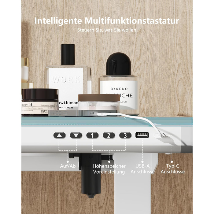 Стіл Homall Glass з регульованою висотою, 120 x 60 см, електричний стіл з регульованою висотою та шухлядою, стіл для домашнього офісу з можливістю сидіти та стояти, білий 120 x 60 см, білий