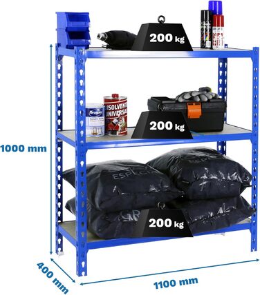 Стелаж Simon Rack для важких умов експлуатації, 1000x1100x400 мм, вантажопідйомність до 200 кг, 3 регульовані полиці, панелі МДФ, підвальний стелаж, стелаж для зберігання, синій/дерев&39яний - Simonclick синій/дерев&39яний 1000x1100x400