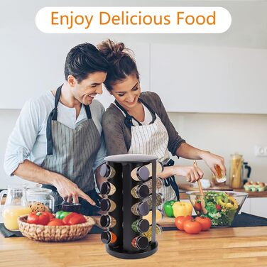 Поворотна на 360 підставка для спецій, чорна, органайзер для спецій, карусель для спецій з 20 банками для спецій, етикетками, ручкою, лійкою, кришками, підставками для спецій з нержавіючої сталі, зберігання спецій для кухонної стільниці