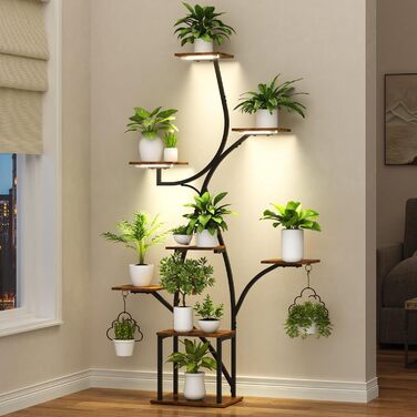 Підставка для рослин з лампою для вирощування, 8-ярусна квіткова полиця 160 см з металу та дерева, велика чорна квіткова полиця для використання в приміщенні та на вулиці, для вітальні, саду, балкону, декоративна, ширина 38 дюймів