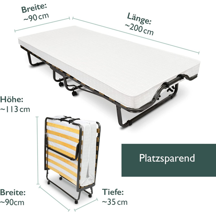 Розкладне ліжко для гостей Beautissu 90x200 см Міцне та складне дорожнє ліжко, включаючи захисний чохол та матрац з пінопласту товщиною 10,5 см Розкладне ліжко без складання Міцний сталевий каркас та 4 колеса Venetia 90x200 см Білий