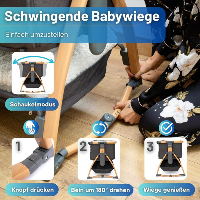 Дитяче ліжечко DROMADER 3-в-1 - Дитяче ліжечко, шезлонг, дорожнє ліжечко з матрацом, 0-6 місяців, макс. 9 кг - Колиска з 7 регулюваннями висоти, функція гойдання, дихаюча сітка - сумка для перенесення