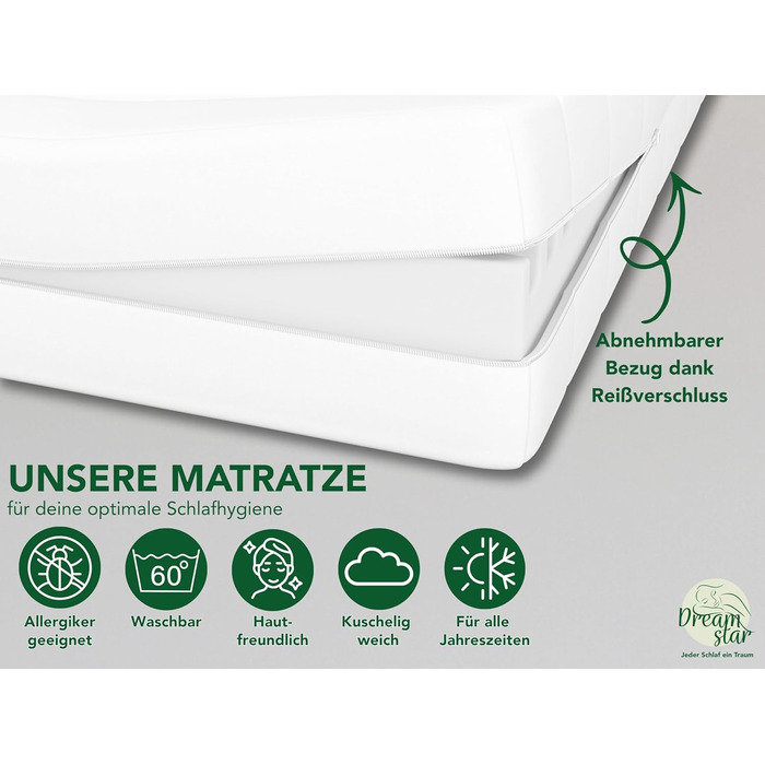 Матрац DREAMSTAR Simple Flex Duo 7-зонний 90x200 см H2&H3 Ергономічний матрац з холодної піни Гіпоалергенний та антибактеріальний Знімний та пральний чохол Oeko-Tex (12 см, 90 x 200 см) 90 x 200 см 12 см