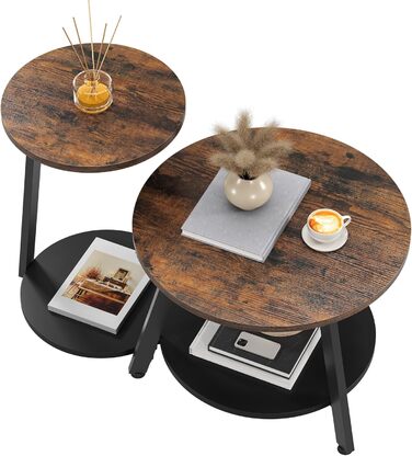 Комплект із 2 круглих журнальних столиків, столи для вітальні з місцем для зберігання, штабелювані приставні столики з дерев&39яною стільницею та металевим каркасом, С-подібні приставні столики, журнальні столики для вітальні, рустикальний коричневий