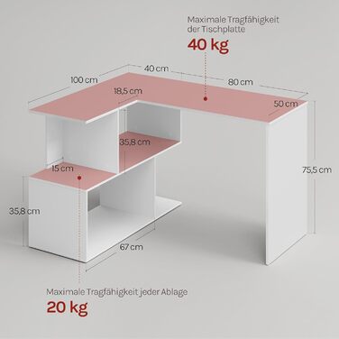 Подібний письмовий стіл, кутовий стіл з відділенням для зберігання, 120x100 см, офісний стіл, комп&39ютерний стіл з відділеннями для зберігання, ПК-стіл, L-подібний стіл, робочий стіл для офісу/кабінету, білий