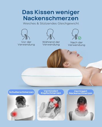 М&39яка охолоджувальна подушка, подушка з піни з ефектом пам&39яті 40x60, охолоджувальна подушка для сну, ортопедична подушка від болю в шиї, ергономічна подушка для підтримки шиї, подушка проти хропіння для тих, хто спить на боці, 40 x 60 см, білий-м&39я