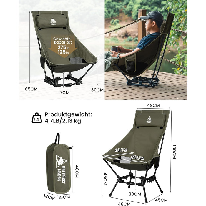 Крісло для кемпінгу OneTigris DRAGONHIDE, висока спинка, складне, вантажопідйомність 125 кг, легке складне кемпінгове крісло, складне рибальське крісло з 2 боковими кишенями, надлегке складне крісло для використання на свіжому повітрі, походи, колір Range