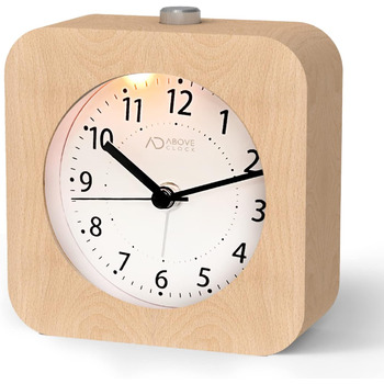 ВищеГодинник будильник аналоговий без цокання, будильник дерев'яний з дрімотою, тумбочка настільний годинник з нічником, ретро-будильник аналоговий на батарейках (потрібна батарея 1*AA) - натуральне дерево світло-коричневого кольору (квадрат, світло-корич