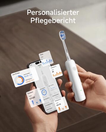 Звукова зубна щітка з 6 режимами чищення та акумулятором на 70 днів, 60 осциляції, контроль тиску, 2 інтелектуальні насадки (ABS Білий)