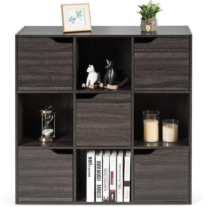 Книжкова шафа COSTWAY з 5 дверцятами та 9 відділеннями, окремостояча полиця, офісна полиця, полиця для зберігання речей для вітальні, спальні, 90 x 29 x 90 см, сірий