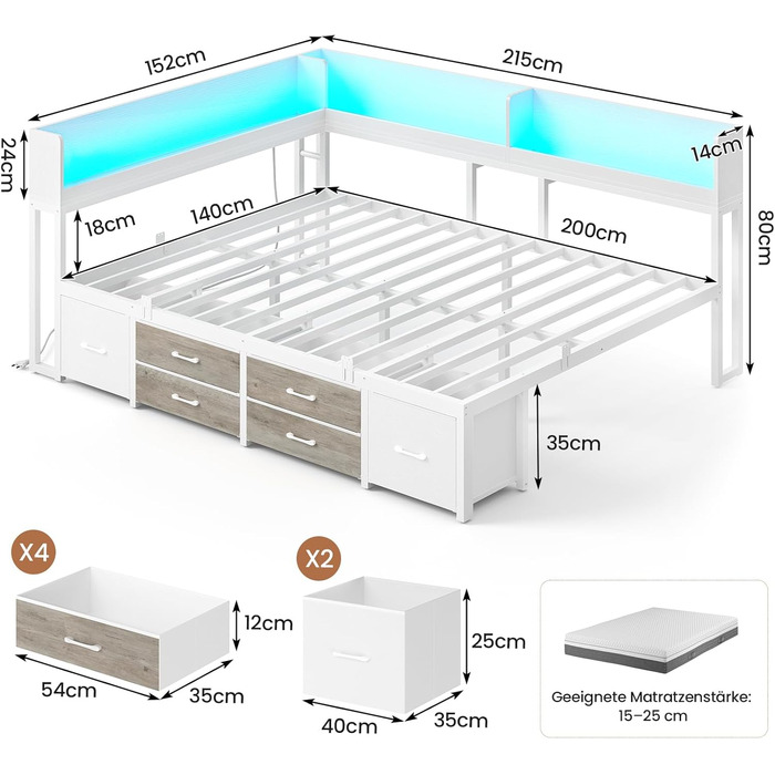 Ліжко AOGLLATI 140x200 з місцем для зберігання, диван-ліжко з вбудованою книжковою полицею та 6 шухлядами, дитяче ліжко зі світлодіодним освітленням та зарядною станцією, гостьове ліжко, кушетка, каркас ліжка з рейковою основою (білий, 140x200 см) 140x200