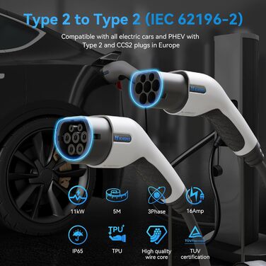 Зарядний кабель K.H.O.N.S. тип 2 режим 3 11 кВт 16 А 3-фазний 5 м для електромобіля/гібридного EV тип 2 до типу 2 IP65 сумісний з