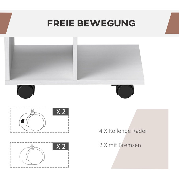 Журнальний столик HOMCOM C-подібної форми на колесах, переносний диванний столик, для невеликих приміщень, 45 x 35 x 58 см, білий