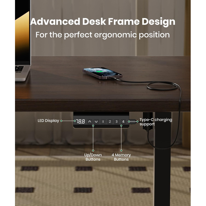 Електрична рама столу з регулюванням висоти з 2 потужними двигунами, регульована по висоті підставка з портом USB-C, функцією пам&39яті, 2 гачки, чорний колір