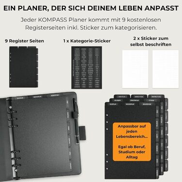 Папка-реєстратор KOMPASS A5 з кільцями, що замінюється, Стартовий набір, включаючи 309 вставок Папка-реєстратор успіху A5 Планувальник справ, щотижневий планувальник, планувальник зустрічей, календар, журнал Bullet, трекер звичок, чорний стартовий набір