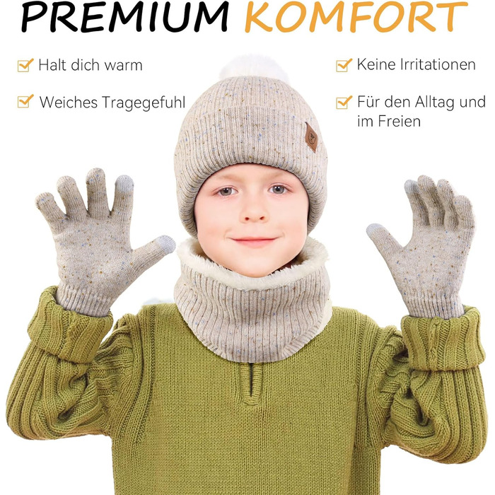 Дитячий зимовий комплект OZERO (6-12 років) - в&39язана шапка, шарф-петля, терморукавички з флісовою підкладкою, нековзні рукавички, теплий комплект із 3 предметів для хлопчиків та дівчаток, для ігор на вулиці та дитячого садка, бежевий