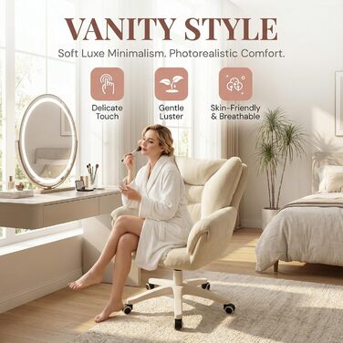 Крісло для домашнього офісу, оксамитове крісло, поворот на 360, регульована висота, ергономічне офісне крісло, крісло-косметика, обертове крісло, дихаюче, для кабінету/спальні, витримує до 120 кг (біле), 52x44x85 см
