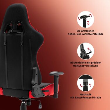 Тканинне ігрове крісло SRACER R6, ігрове крісло до 130 кг, гоночне крісло з підголівником, з поперековою опорою, з 2D підлокітниками, чорно-червоне