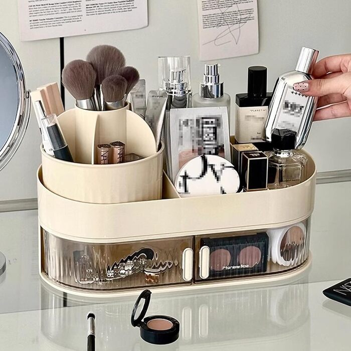 Органайзер для макіяжу з 1 шухлядою, обертовим органайзером для косметики та відділенням з тримачем для пензлів для макіяжу, що обертається на 360, для спальні та ванної кімнати, стандартні стільниці для туалетного столика