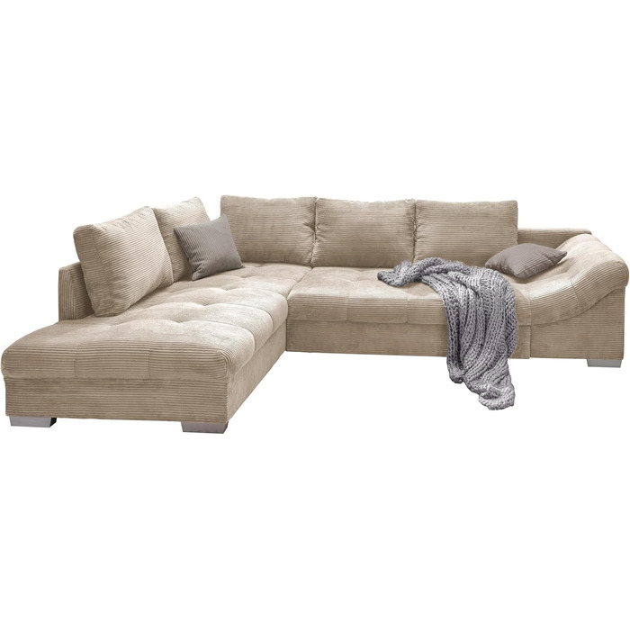 Гарний кутовий диван з вельвету з функцією сну, хвилеподібна пружинна підвіска, зручний L-подібний диван Ш298/Г202/В84 см, шезлонг зліва, диван з бежевою вельветовою тканиною, 2 декоративні подушки сірого кольору / 17204