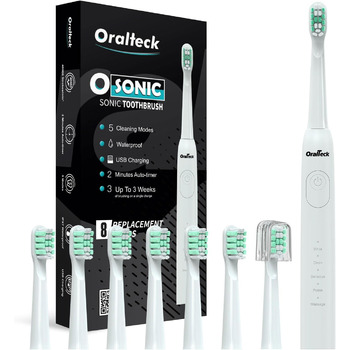 Зубна щітка OSONIC Electric Sonic Toothbrush 8 насадок для щітки, 5 режимів використання, відбілювання за 2 тижні, 2 хв., IPX8, підходить для дорослих і дітей, функція зарядки через USB (білий).