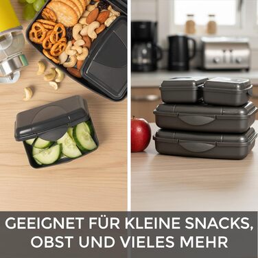 Набір контейнерів для їжі Hausfelder для дорослих 4 шт., антрацит. Включає 2 великі (16x12x4 см) та 2 маленькі (9,5x7x3,5 см) контейнери, що складаються один в один, придатні для миття в посудомийній машині. Ідеально підходять для школи, офісу та подороже