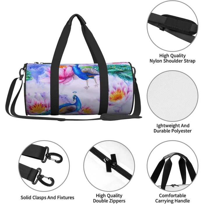 Спортивна сумка для подорожей, стильна з принтом павича та лотоса, дорожня сумка на ніч, чорна, універсальний розмір