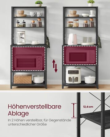 Кухонна полиця VASAGLE, окремостояча полиця, полиця для мікрохвильової печі, 6 полиць, 6 гачків, сталева рама, промисловий дизайн, 40 x 60 x 167 см, антрацитово-сірий - чорний KKS024B22 60B см антрацитово-сірий чорний