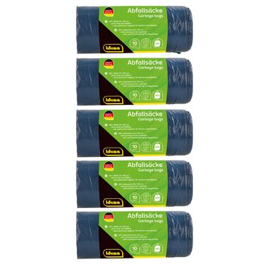 Набір пакетів для сміття, 5 рулонів по 10 пакетів у кожному, сині, 120 літрів, 40 мкм надзвичайно міцні та стійкі до розривів, з практичним шнурком, пакети зі шнурком синього кольору, 5 рулонів, 50056-5 -