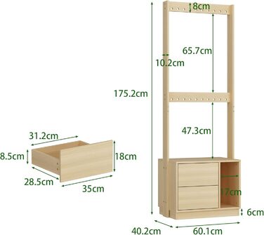 Відкрита вішалка для одягу Caldion з 2 шухлядами, 60x40x175 см, окремостояча вішалка для одягу з гачками, 2 полиці для підвішування, МДФ, шухляди з 2 висувними шухлядами, дизайн для коридору, спальні, передпокою
