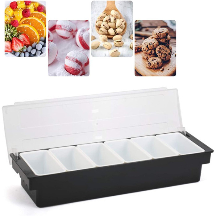 Набір контейнерів для подачі страв Смаколик 6 відділень, пластиковий та металевий контейнери для овочів, фруктів, спецій та гарнірів з кришками