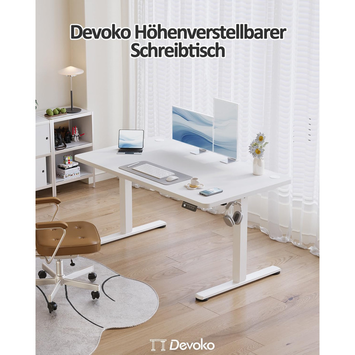 Письмовий стіл Devoko з регульованою висотою, стіл з електричним регулюванням висоти, офісний стіл для роботи сидячи та стоячи, комп&39ютерний стіл з функцією пам&39яті, стіл для роботи стоячи, офісний стіл, 120 x 60 см, білий