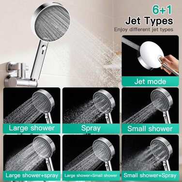 Економна душова лійка високого тиску, 7 режимів струменя з верхнім розпилювачем, велика ручна лійка 135 мм, душова лійка з функцією захисту від накипу, хромована