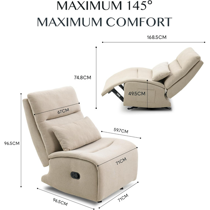 Крісло-гойдалка FLEXISPOT з 3-позиційним регулюванням відкидання, крісло для телевізора, крісло-гойдалка, подушка та бічна кишеня, ідеально підходить для сім&39ї та відпочинку, колір HomeEase Beige Oat Beige