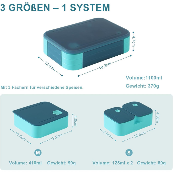 Ланчбокс дитячий з роздільниками 1100 мл - Непротікаючий контейнер для їжі з секціями 3-в-1 для школи - Штабельований бокс для перекусу з кришкою, без BPA, темно-синій
